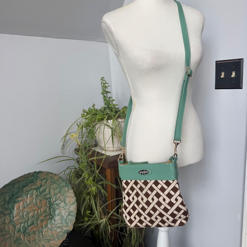 Spartina 449 Daufuskie Island Crossbody Bag Seafoam Green Geometric Linen Canvas - Picture 3 of 9